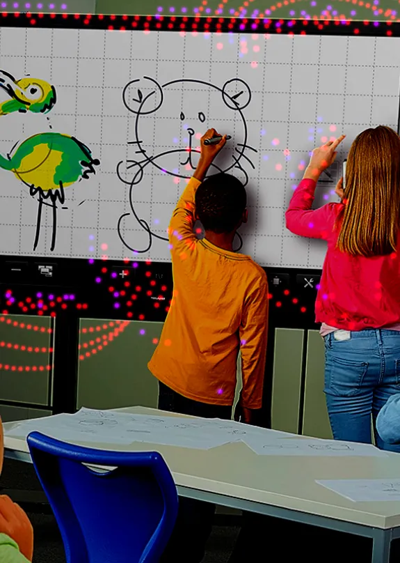 Group of children in classroom using a Sharp display